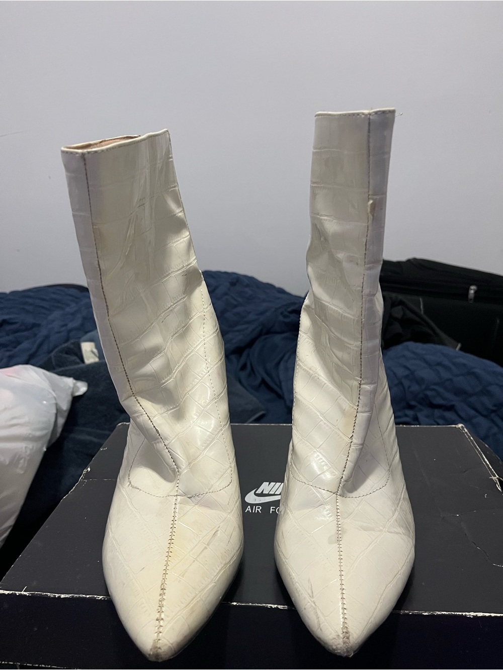 White Croc-Embossed Pointed Toe Women's Ankle Boots